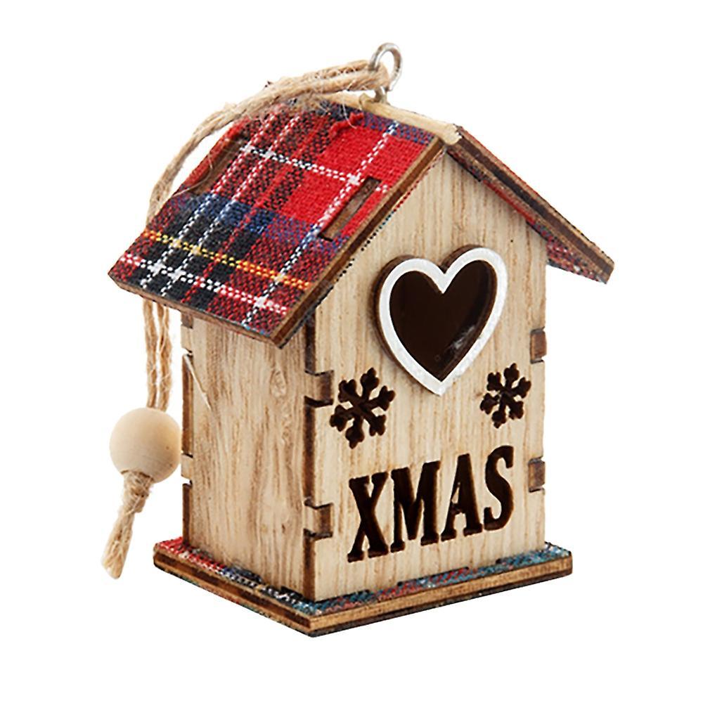 Christmas Hanging Ornament Wooden Cabin Shape Hollow Design, D