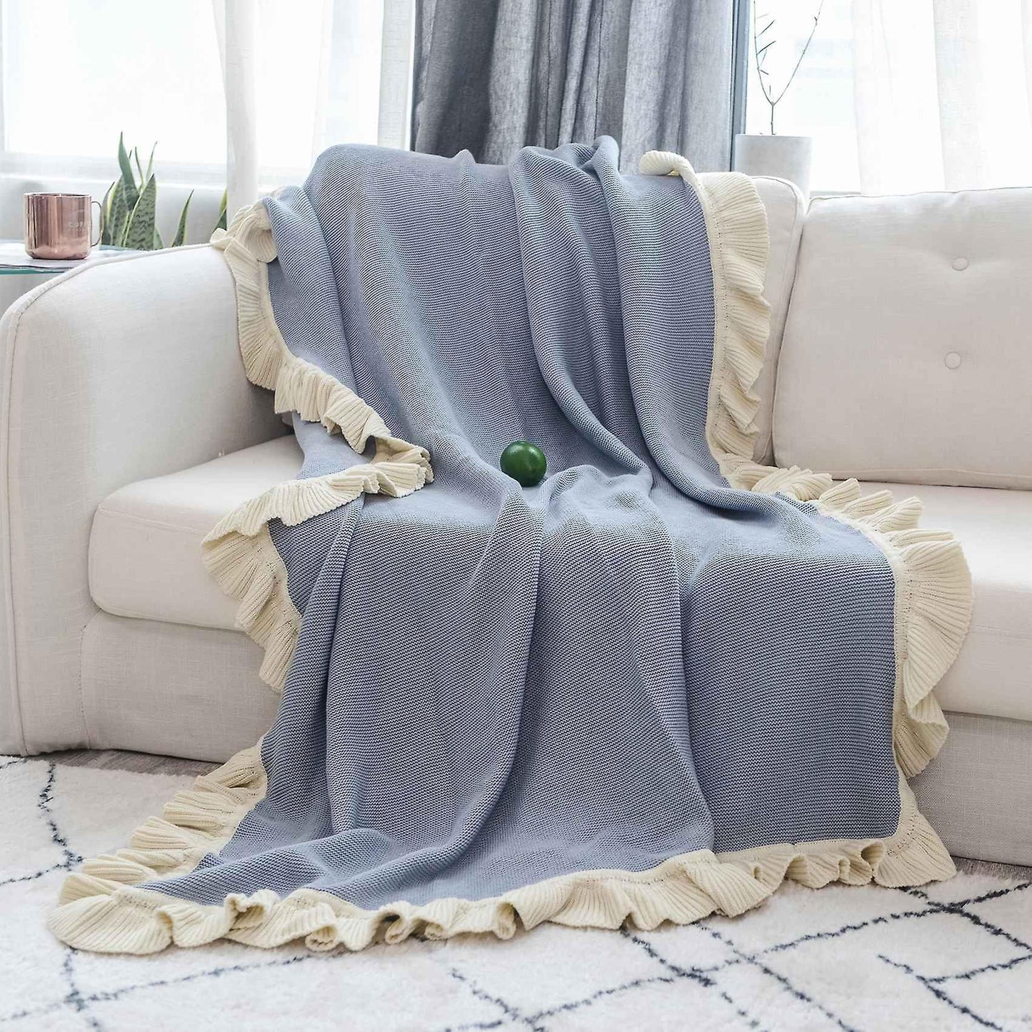 Ruffled Soft Woolen Blanket, Cotton Knitted Blanket, Sofa(light Blue)