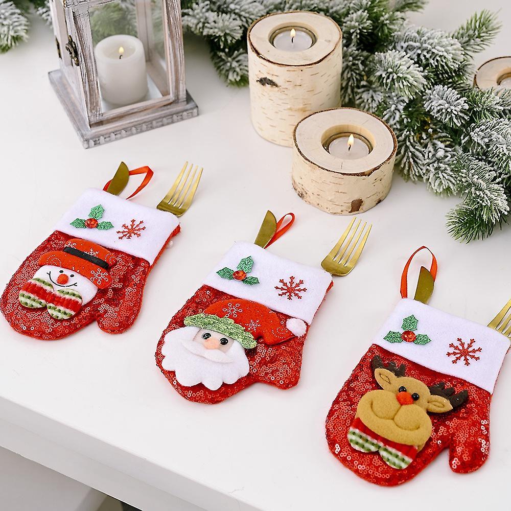 6pcs Santa Snowman Elk Sequin Cutlery Bag Christmas Stocking Pendant