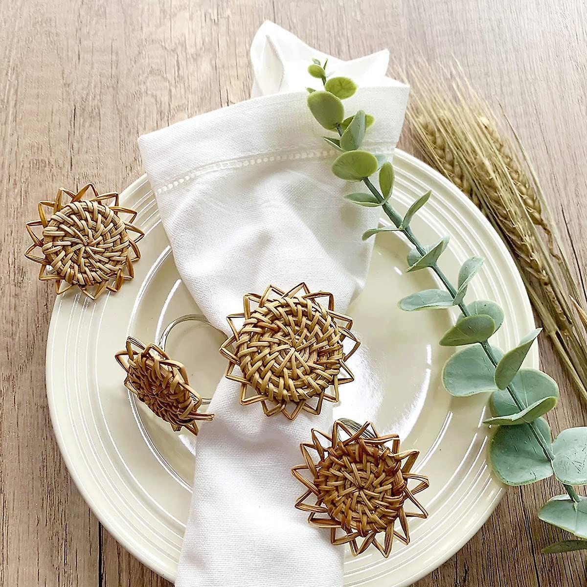 Rattan Napkin Rings Set Of 6, Handmade Woven Vintage Napkin Ring