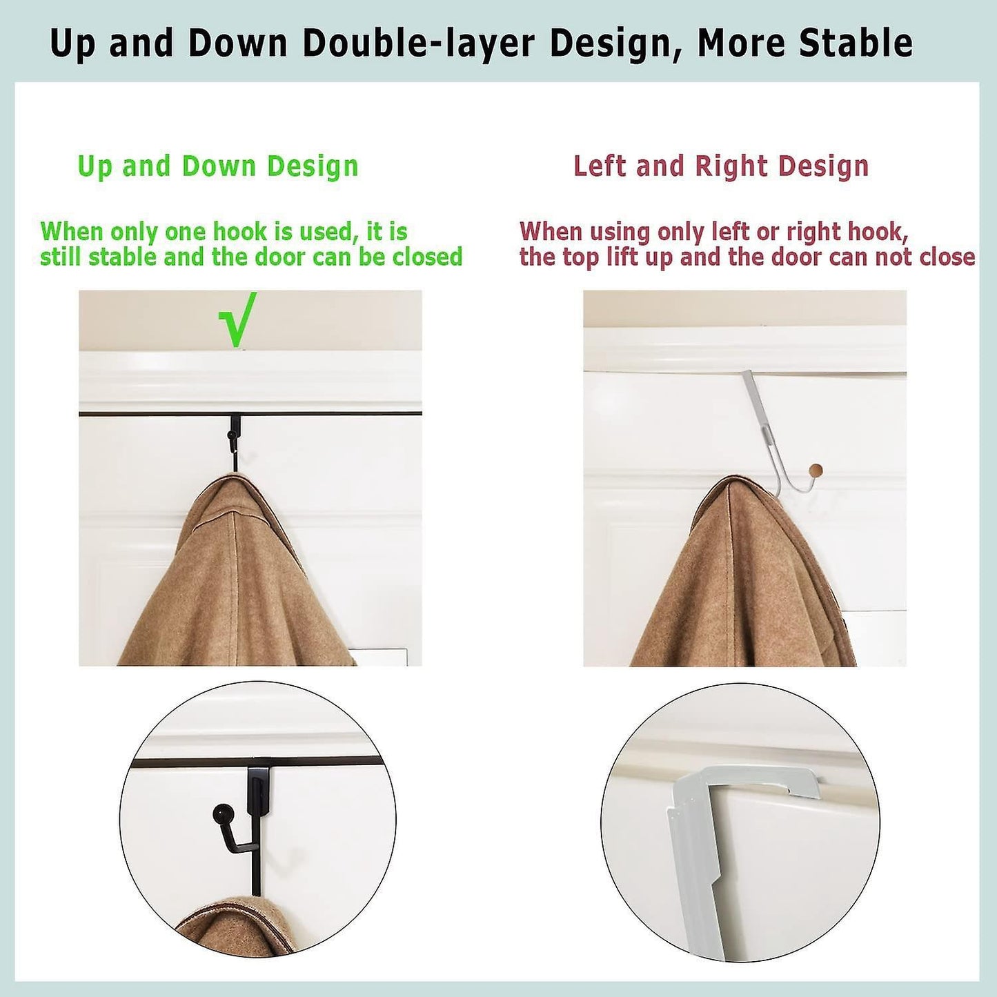 2 Pack Over The Door Hooks Hanger, Sturdy Metal Double Hook, Black