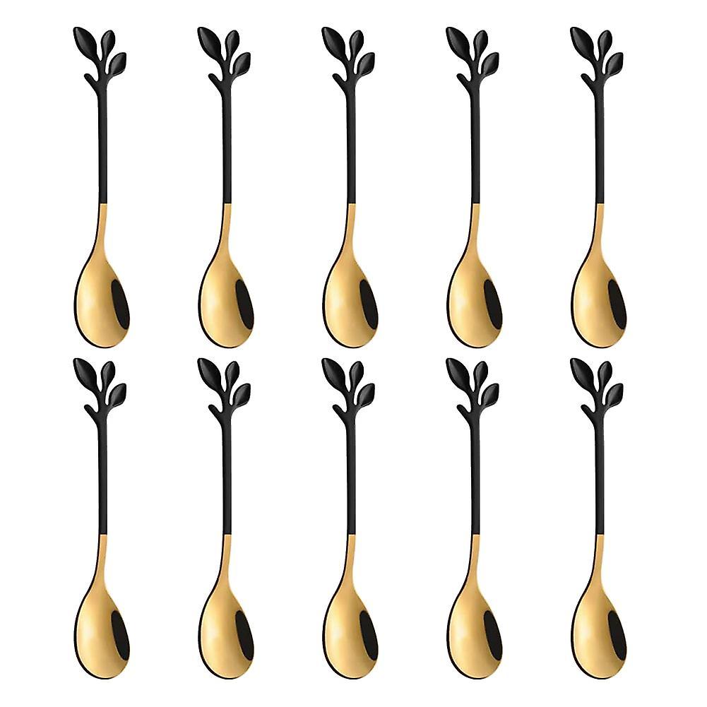 10 Pcs Coffee Spoon Leaf Cake , Stirring Teaspoon Set Black Gold
