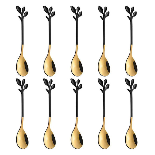 10 Pcs Coffee Spoon Leaf Cake , Stirring Teaspoon Set Black Gold