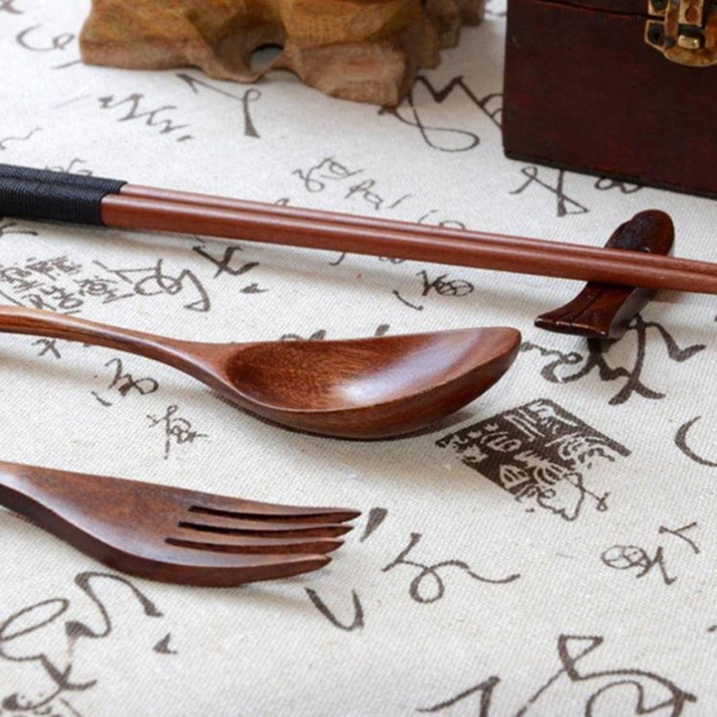 Vintage Wooden Chopsticks Spoon Fork 6pcs Set Western Tableware