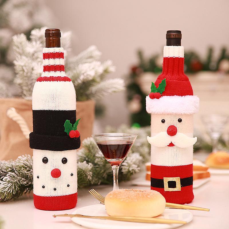 2 Pcs Wine Bottle Cover Knitted Set for Christmas Decorations