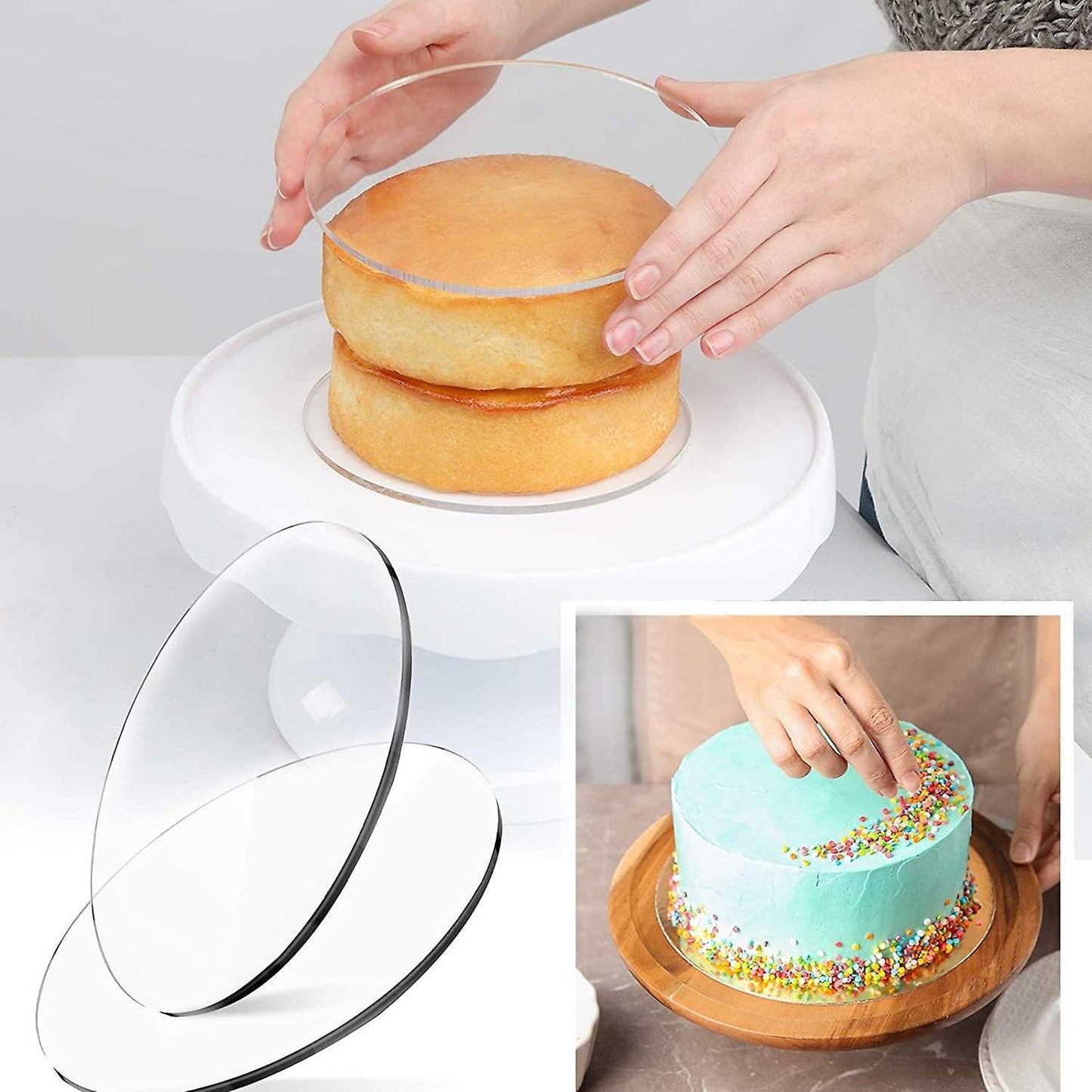 Round Acrylic Cake Disc Set with Square Scraper for Baked Goods
