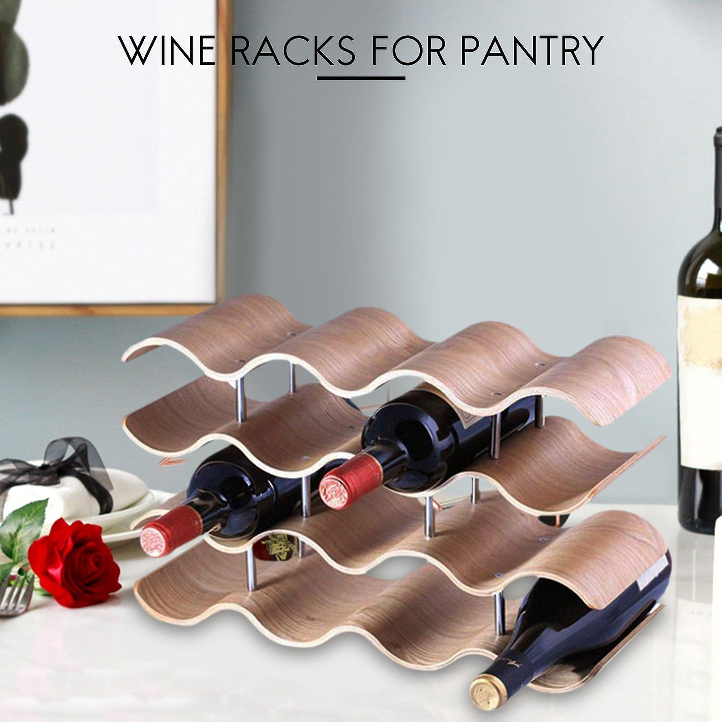 Wooden Wave Wine Rack Home Grape Wine Shelf(4 Layers 42.5x15.5x24cm)