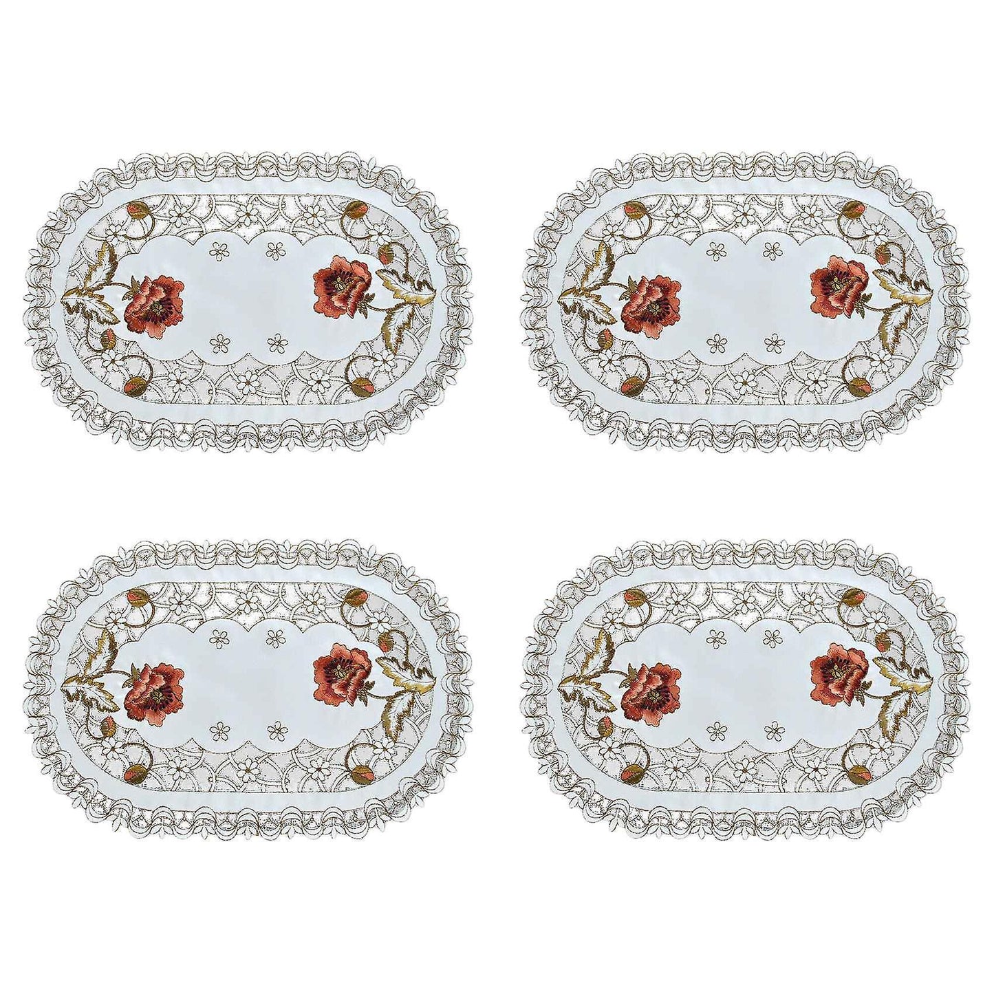 Set Of 4 Oval Floral Placemats White Vintage Embroidered Lace
