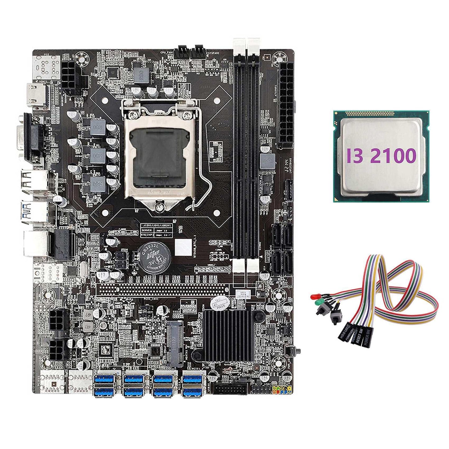 B75 Eth Mining Motherboard+i3 2100 Cpu+dual Switch Cable with Light