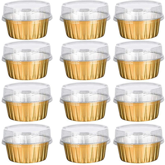 Dessert Cups with Lids,25 Pack Gold Aluminum Foil Baking Cups Holders