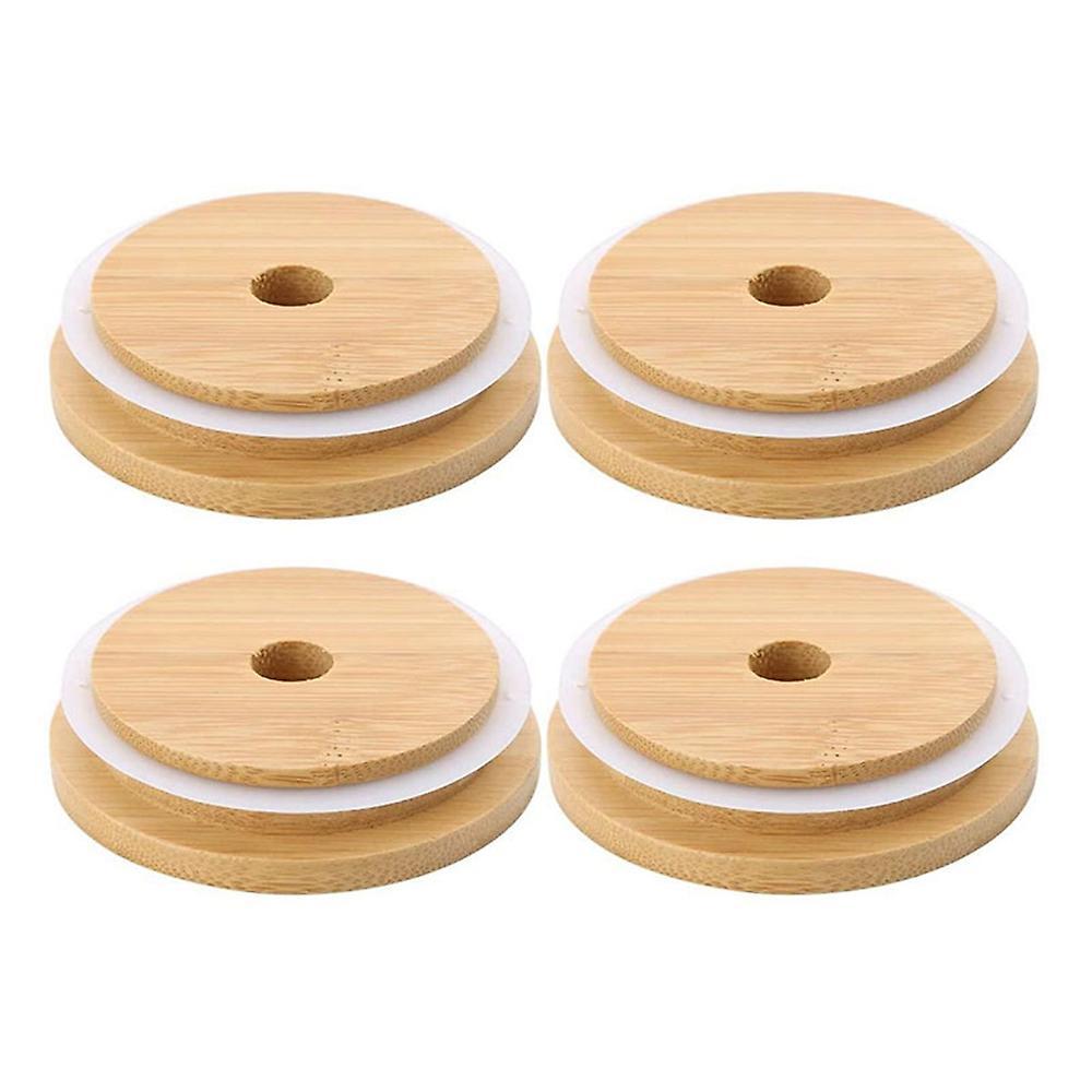4pcs Bamboo Mason Jar Lids with Hole Wooden Lids for Storage Jars