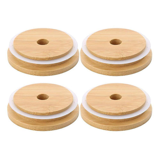 4pcs Bamboo Mason Jar Lids with Hole Wooden Lids for Storage Jars