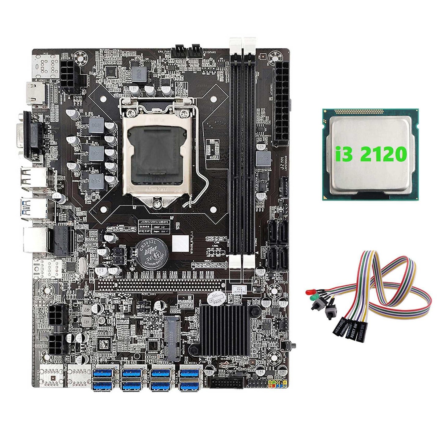 B75 Eth Mining Motherboard 8xpcie to Usb+i3 2120 Cpu with Light