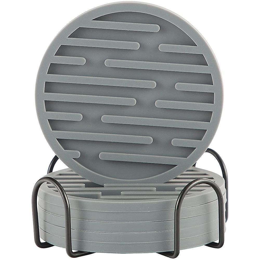 Coasters for Drinks, Silicone Coaster Sets Of 6 with Holder, Gray