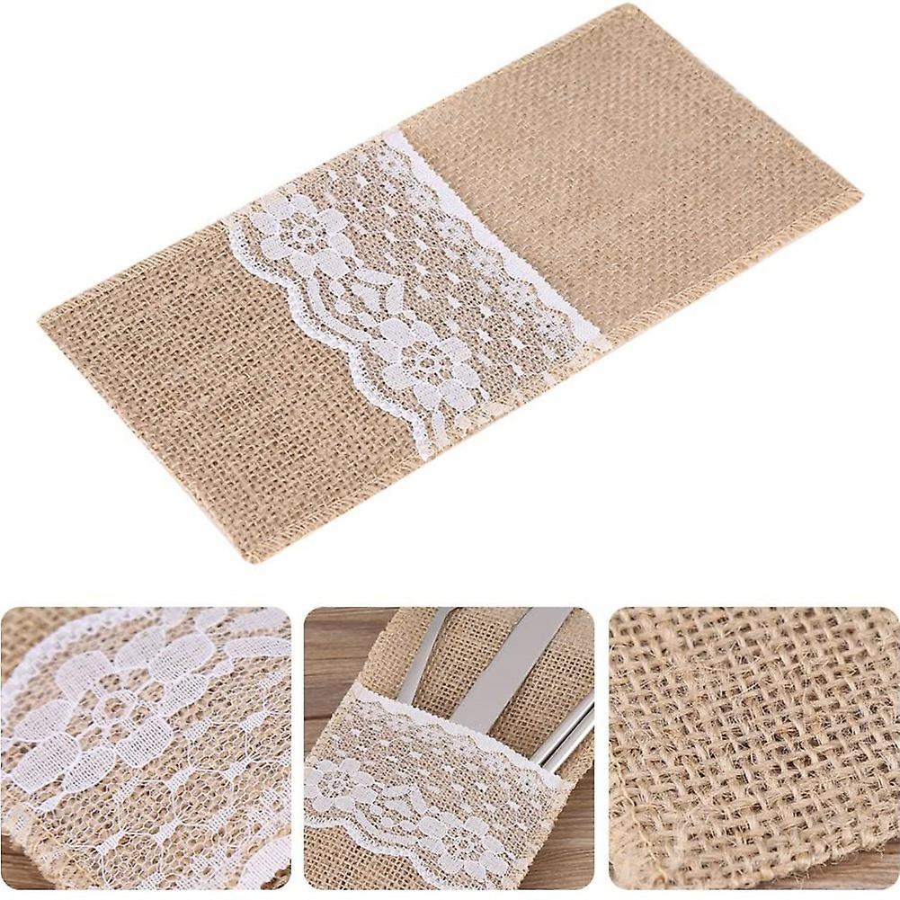 10 Pieces Of Jute Cloth Lace Tableware Bag, Wedding Party Decoration