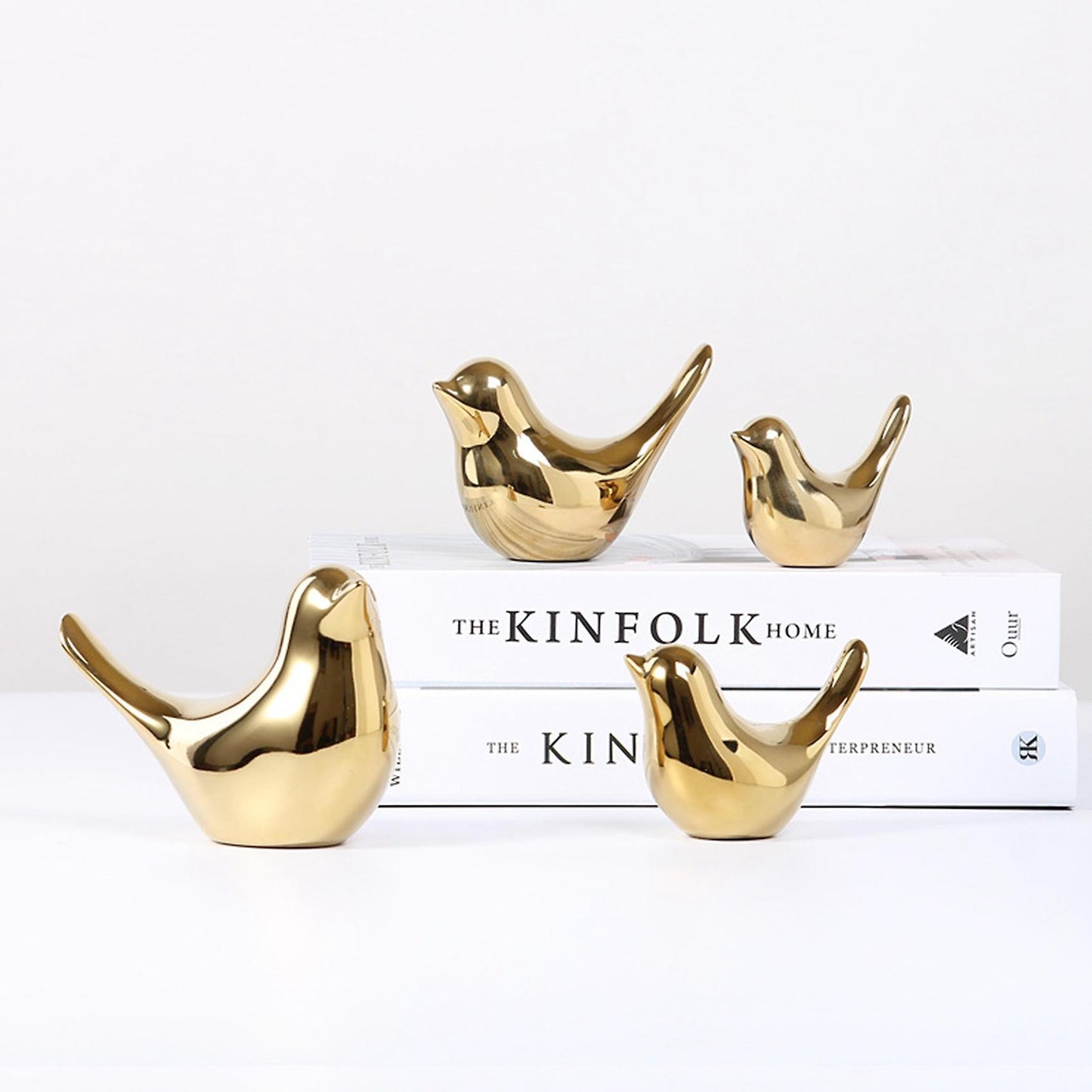 2x Polar House Golden Bird Figurines Modern Ceramic Bird Statues -m