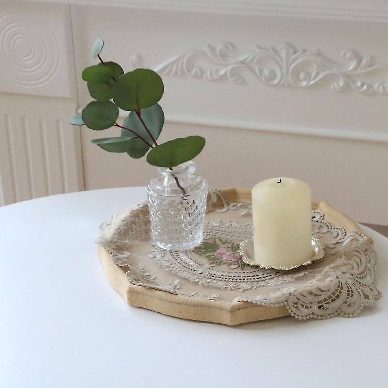European Oval Embroidered Lace Fabric Transparent Table Mat Beige