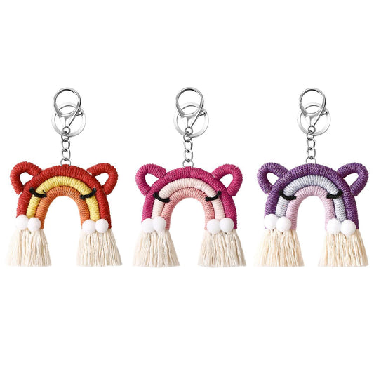 3 Pcs Cute Cat Rainbow Keychains Macrame Weaving Tassel for Women