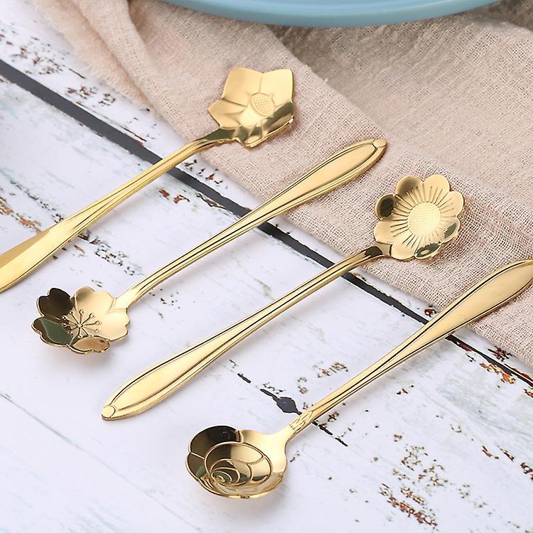 4pcs Cute Stainless Steel Flower Teaspoon Dessert Coffee Spoon Gold