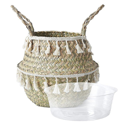 Plant Basket with Tray,tassel Macrame Woven Seagrass Baskets Decorate