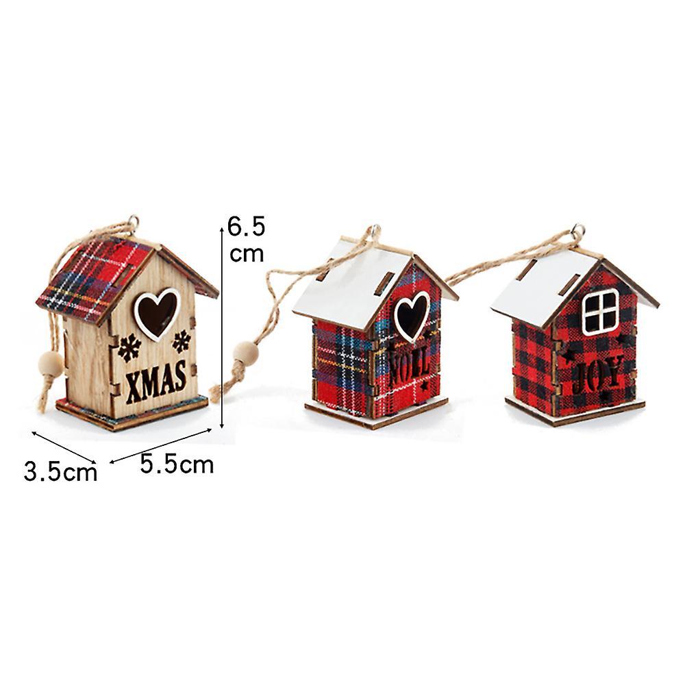 3 Pcs Christmas Hanging Ornament Wooden Cabin Shape Hollow Design , B