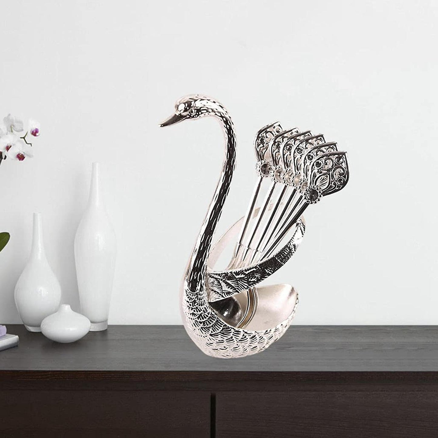 Creative Dinnerware Set Decorative Swan Base Holder with 6 Spoons B