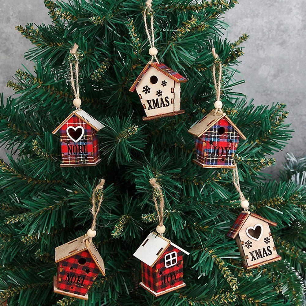 3 Pcs Christmas Hanging Ornament Wooden Cabin Shape Hollow Design , B