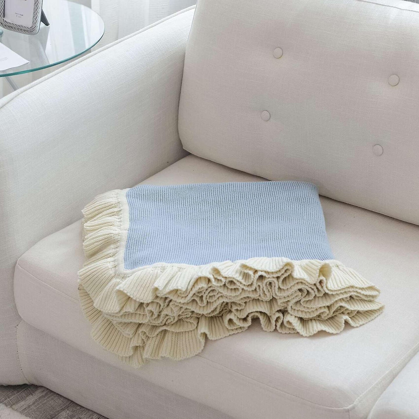 Ruffled Soft Woolen Blanket, Cotton Knitted Blanket, Sofa(light Blue)