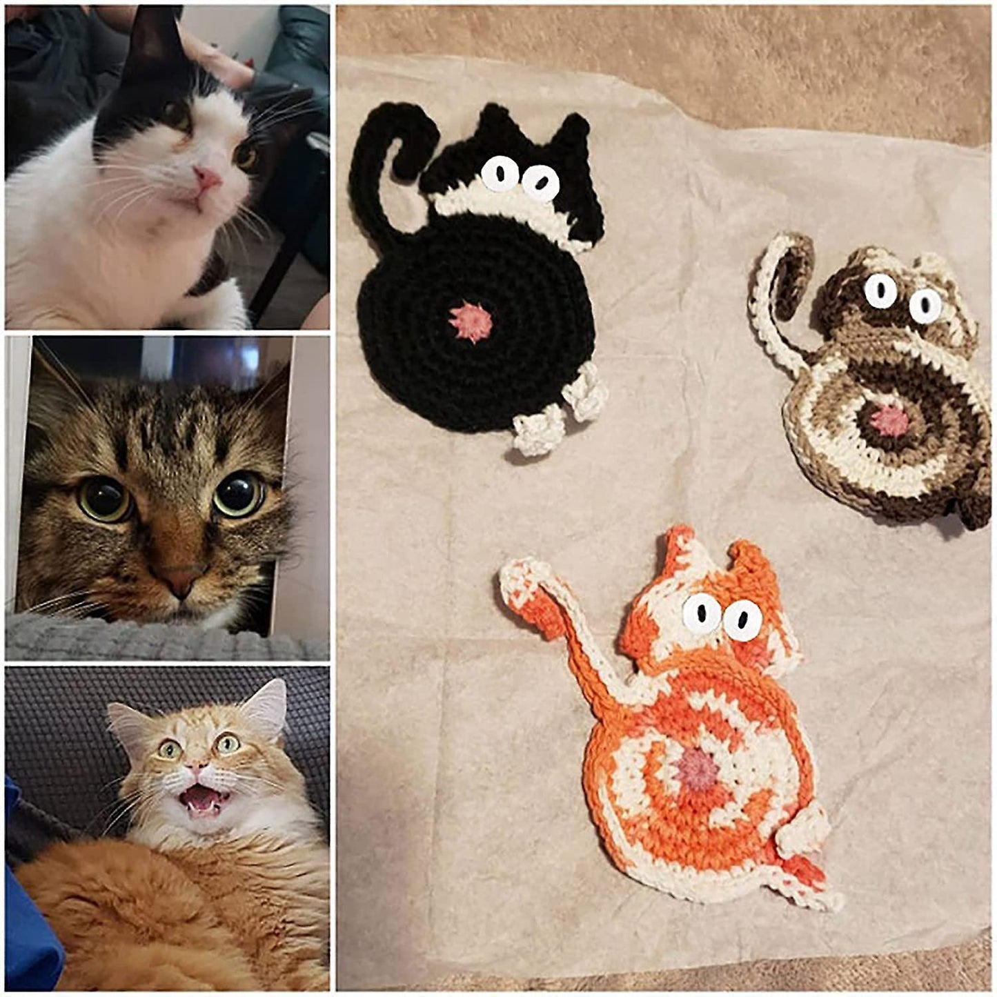 Cat Butt Coaster Funny Handmade Crochet Cat Butt Drink Black White