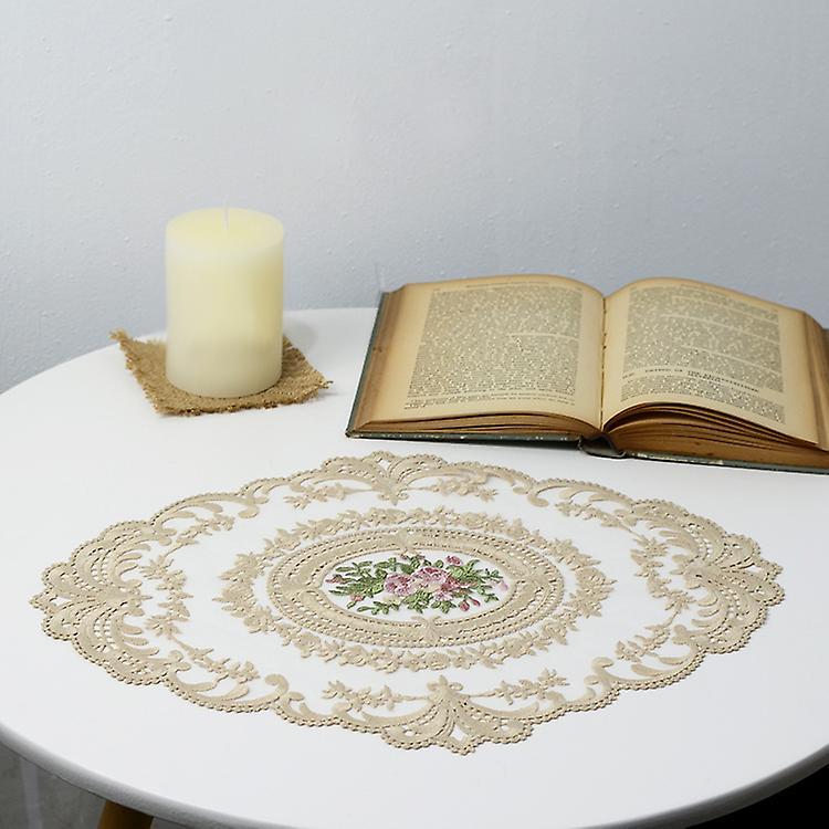 European Oval Embroidered Lace Fabric Transparent Table Mat Beige