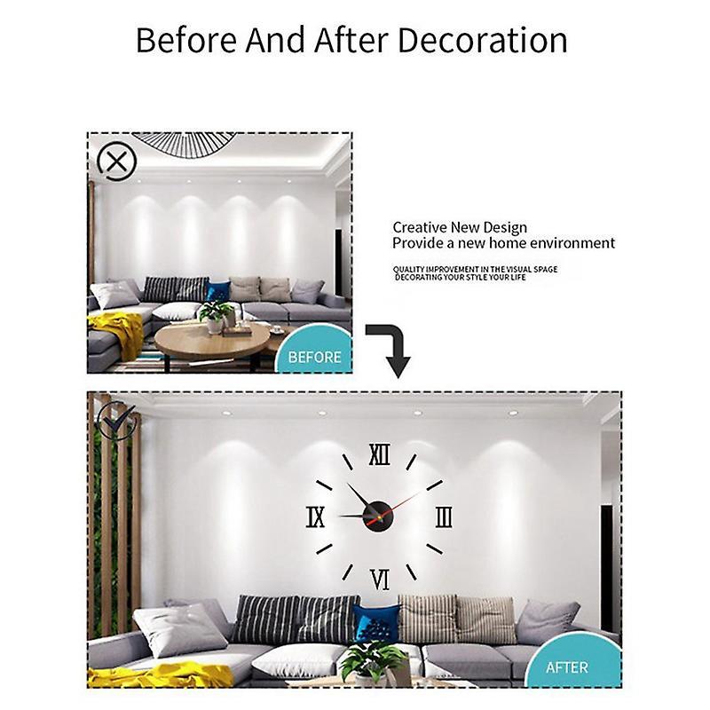 Diy Wall Clock 16in Silent Mirror Sticker Kit for Bedroom,black