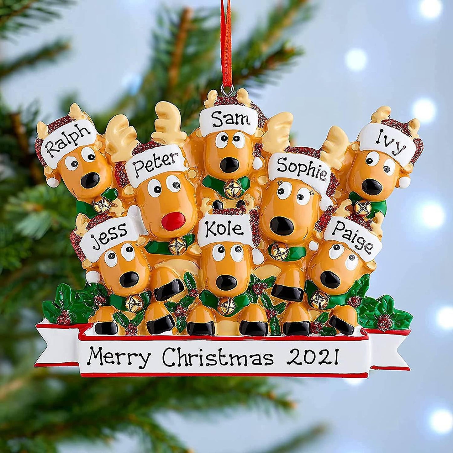 Personalized Deer Christmas Tree Ornament - Cute Deer (family Of 8)