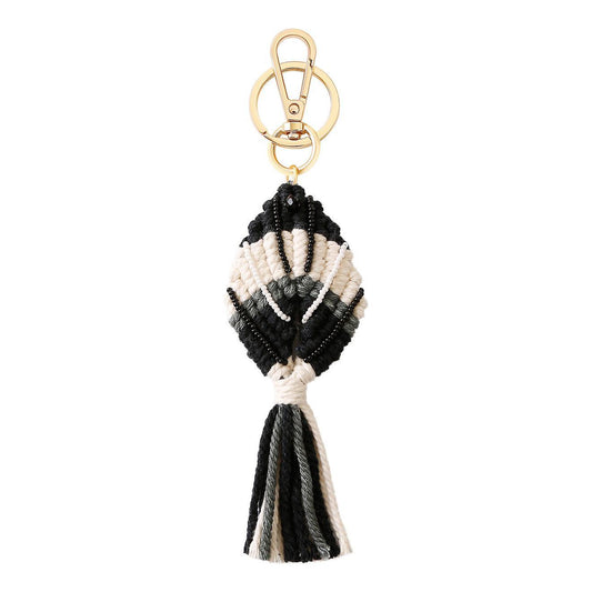 Mixed Seed Beaded Braided Fish Shape Macrame Tassel Keychain, B