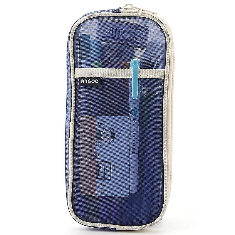Angoo Grid Mesh Pen Pencil Case with Zipper Clear Makeup(beige Blue)