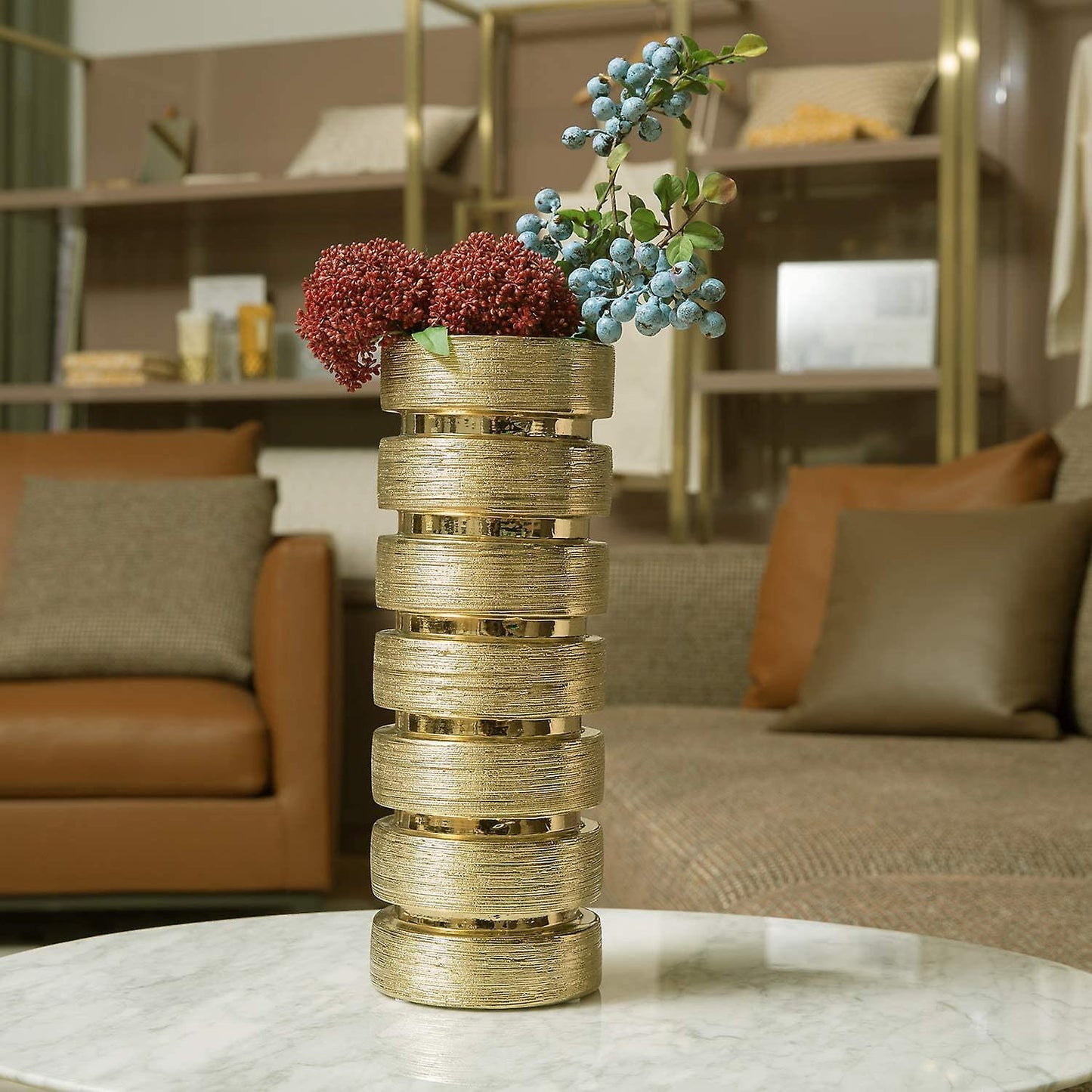 12.5 Inch Tall Modern Gold Tone Design Ceramic Flower Vase