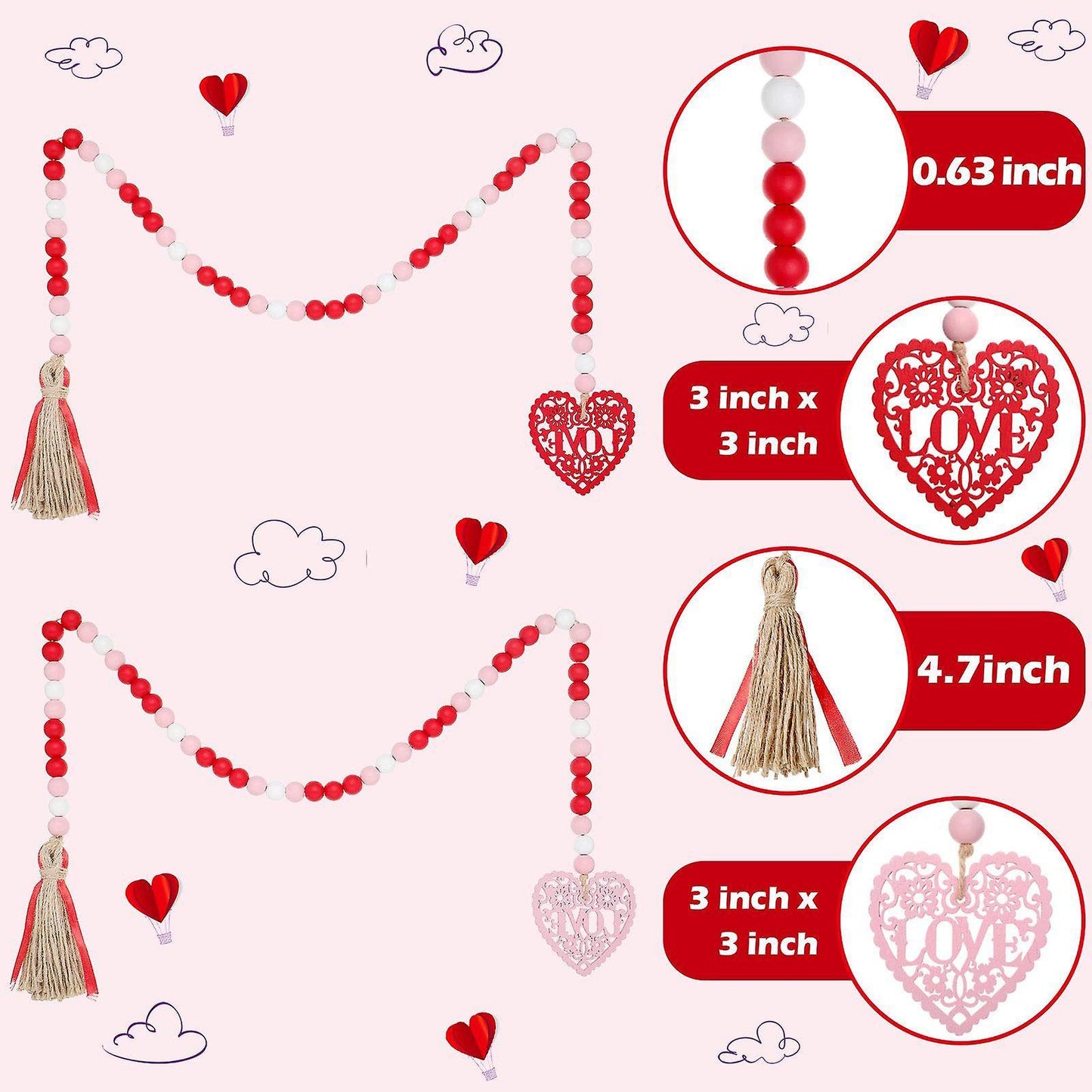 2 Pieces Valentine's Day Heart Wooden Beads Hanging Garlands Decor