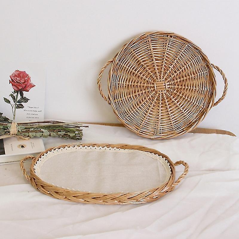 Rattan Round Storage Tray Woven Picnic Basket Snack Tray with Handle