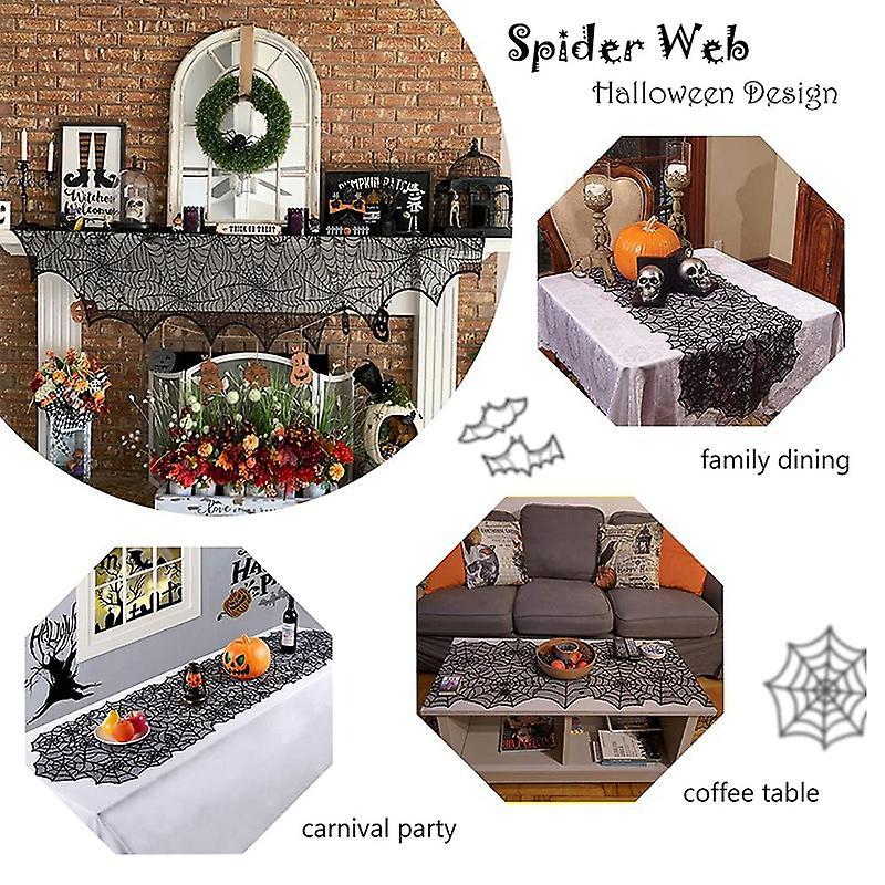 2pcs Halloween Table Runner Lace Black Spider Web Linens Polyester