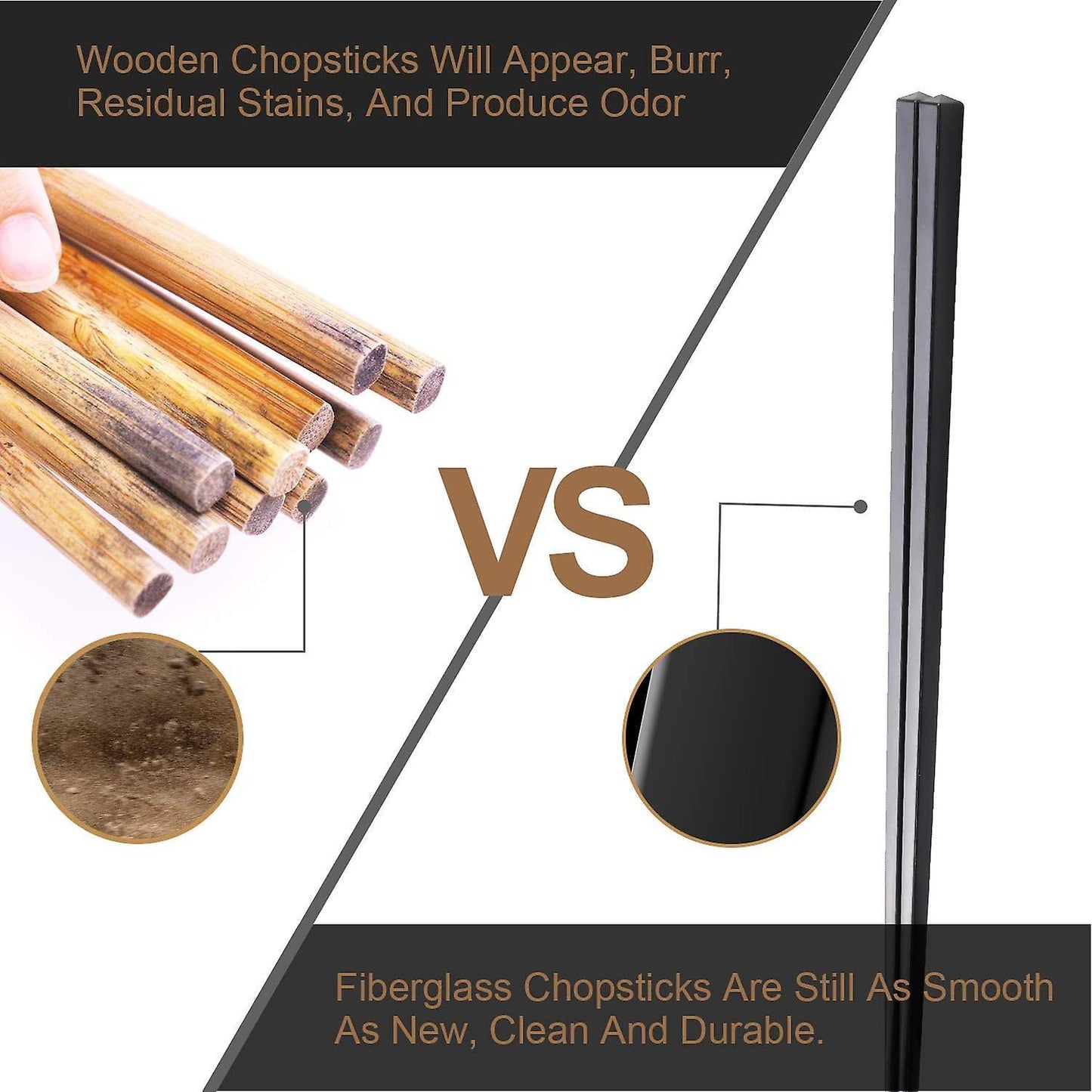 10 Pairs Fiberglass Chopsticks, 9.5inch Chopsticks for Beginners