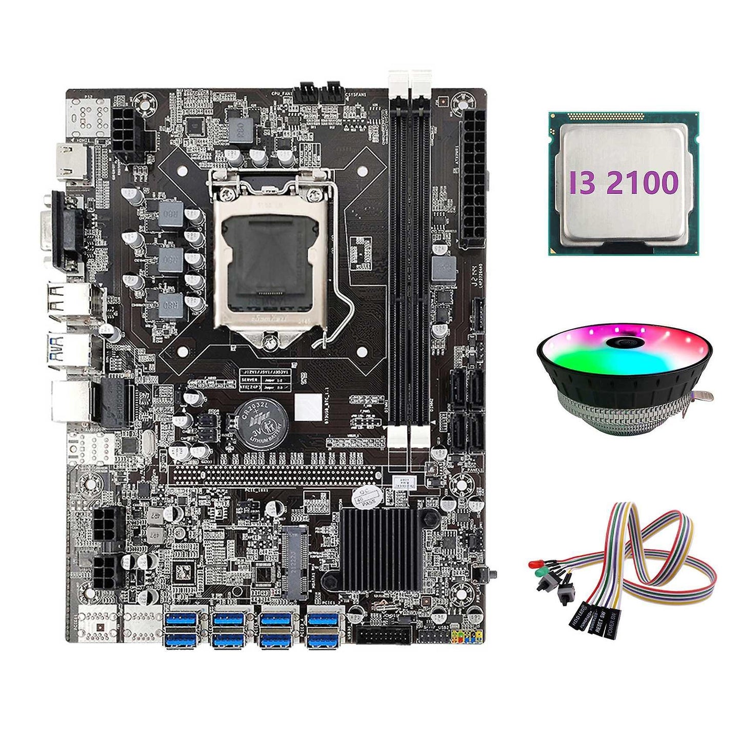 B75 Eth Mining Motherboard 8xpcie to Usb+i3 2100 Cpu+with Light