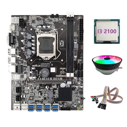 B75 Eth Mining Motherboard 8xpcie to Usb+i3 2100 Cpu+with Light