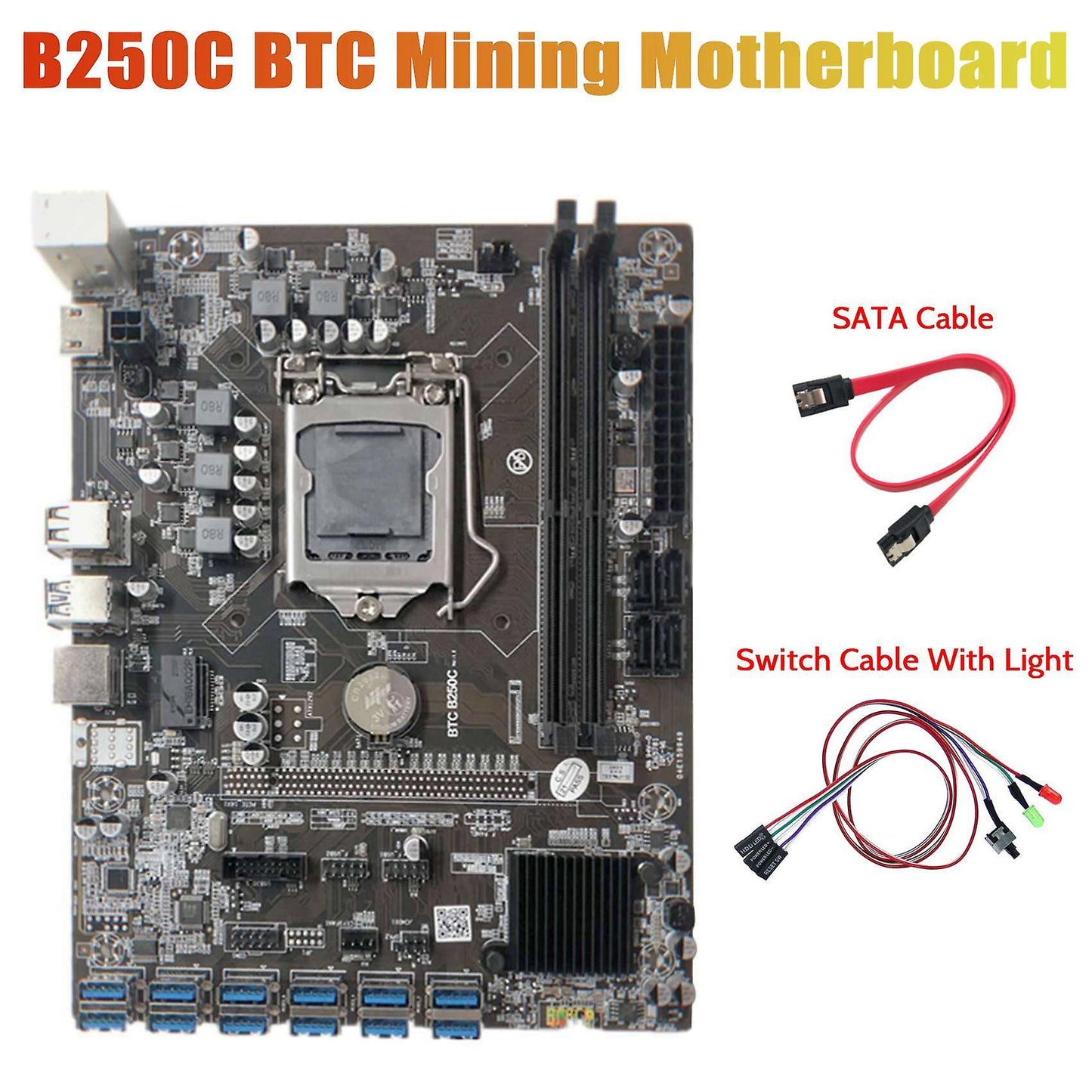 B250c Miner Motherboard+switch Cable with Light+sata Cable