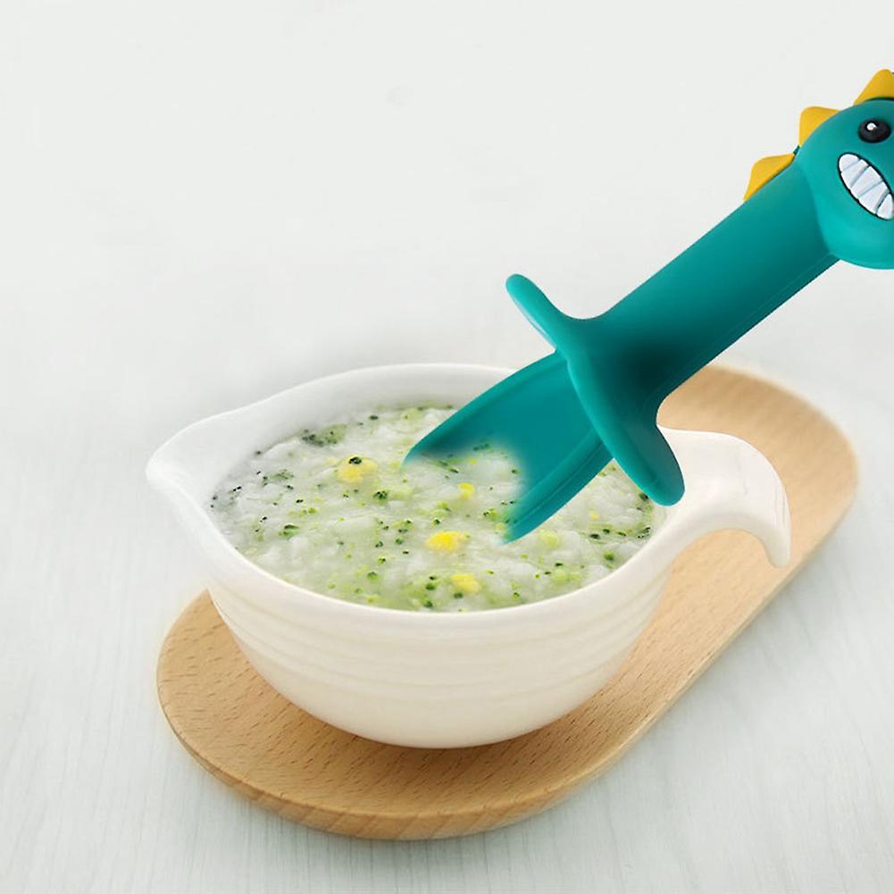 Baby Learning Spoon Fork Set Short Handle Easy Spoon Soft, Green