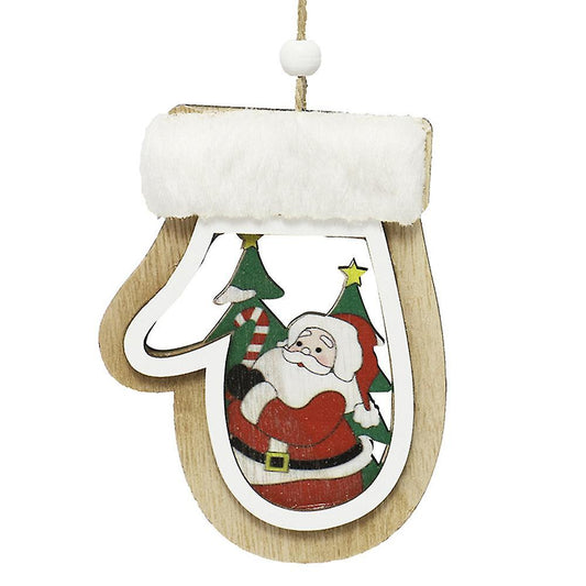 Gloves Shape Christmas Pendant with Lanyard Wood Santa Claus Pattern