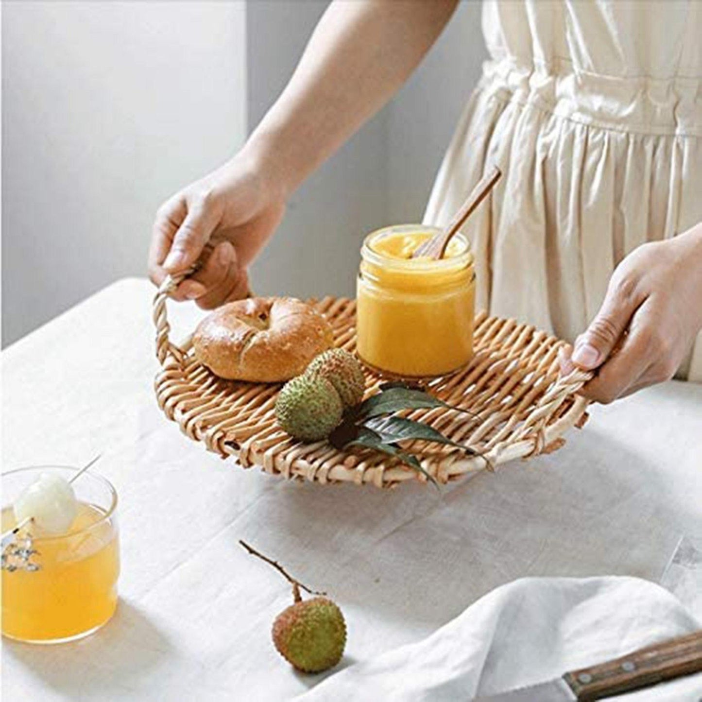 Rattan Round Fruit Tray with Handle Storage Tray Pastoral Rattan Tray