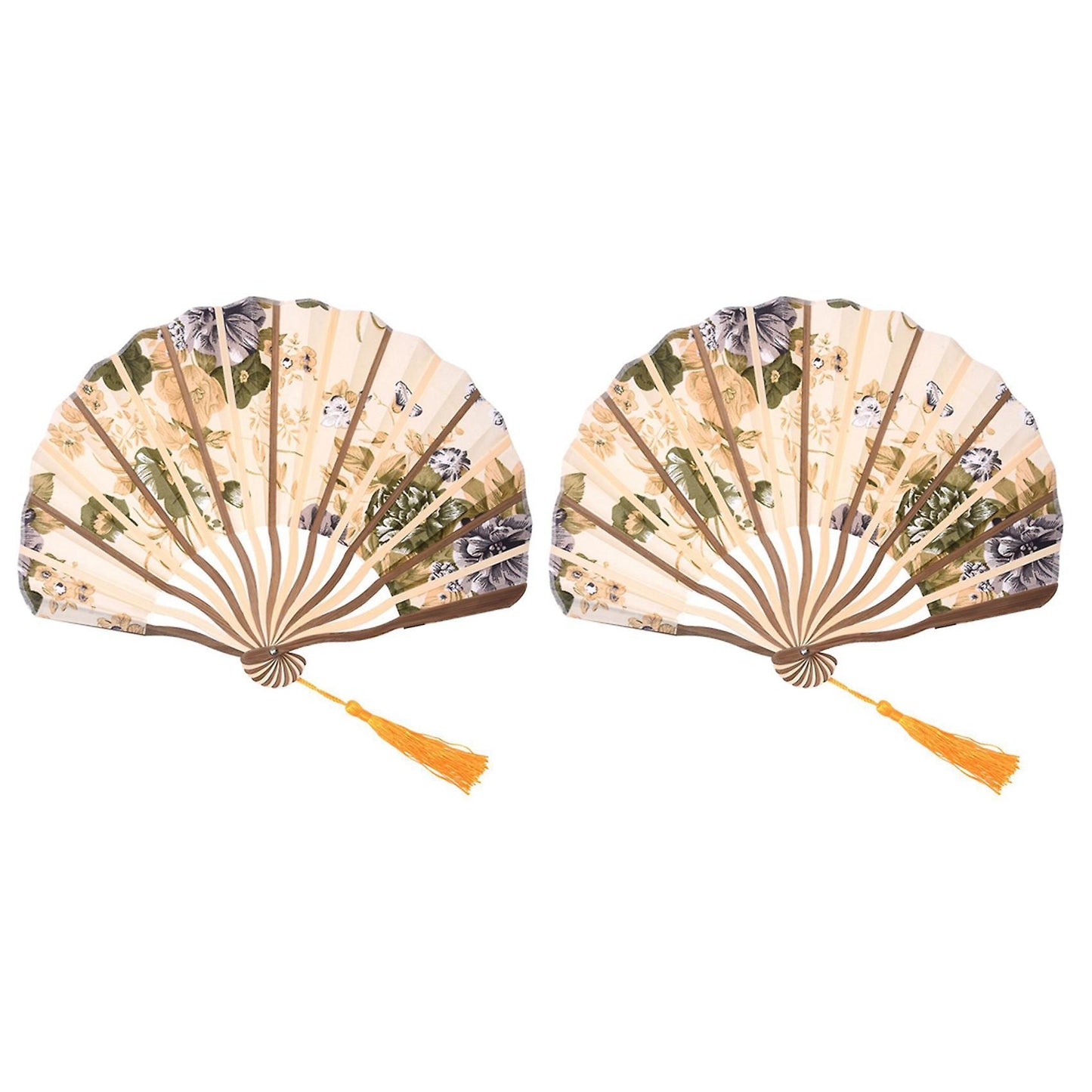 2x Pfingstrose Bluete Stoff Bambus-faltreifen Tanz Handfaecher Beige