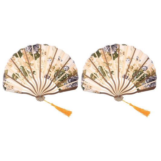 2x Pfingstrose Bluete Stoff Bambus-faltreifen Tanz Handfaecher Beige