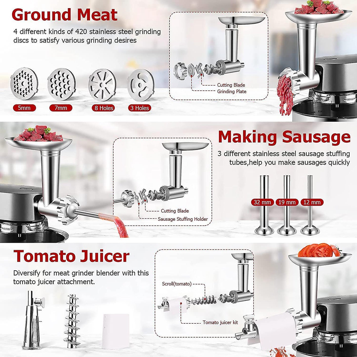 Meat Grinder Attachments for Ken-wood Stand Mixer,stuffer Accessories