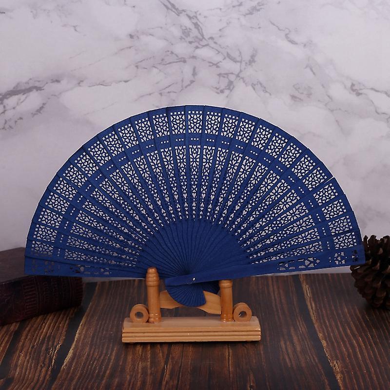 8 Inch Folding Wooden Hand Flower Bamboo Pocket Fan-blue