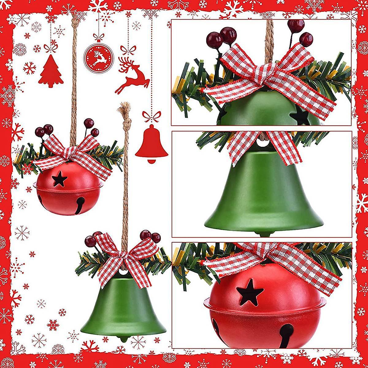 6 Pcs Christmas Bells Ornaments Cutouts Christmas Bells with Berry